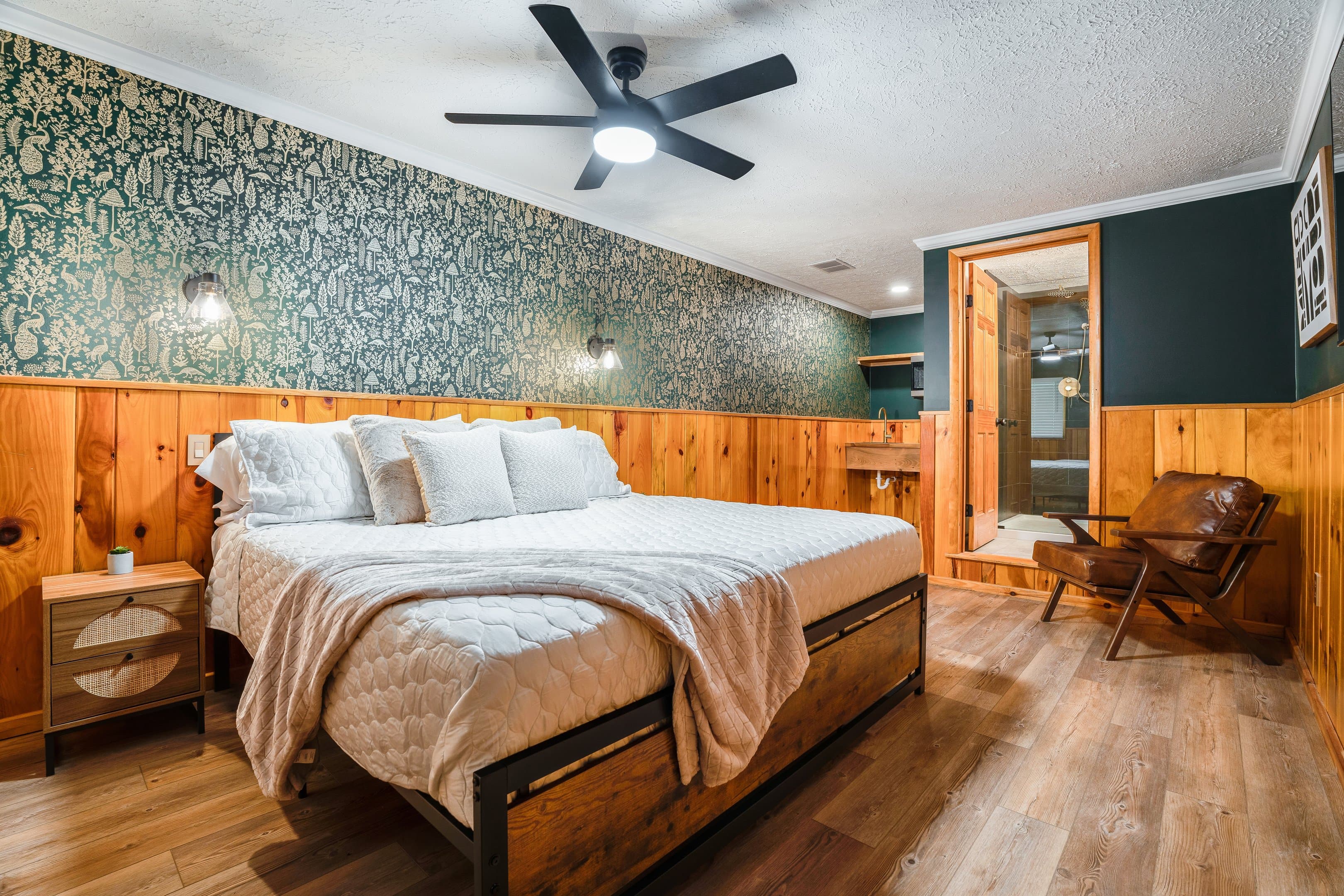 A cozy room at Seneca Pines Lodge with knotty pine walls
